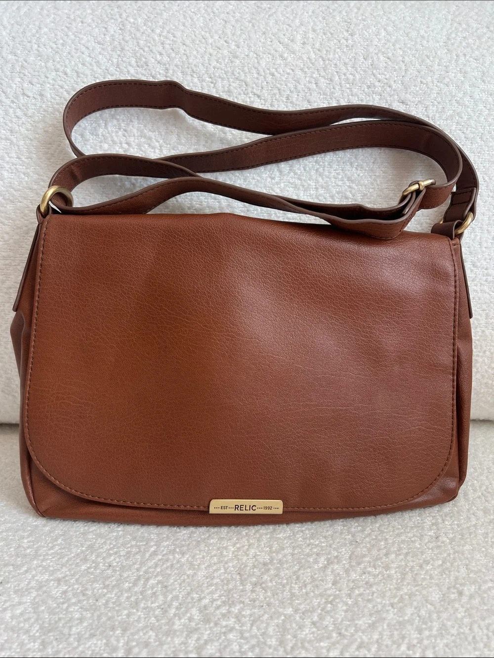Relic Cognac Brown Pebbled Leather Flap Crossbody Bag
